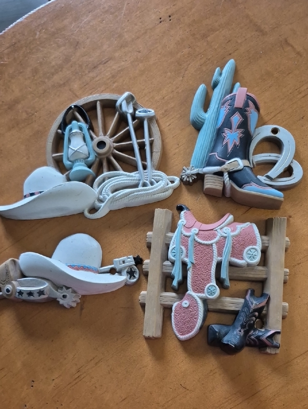 1998 Vtg. Burwood Western Cowboy Wall Accents in Tan, Light Blue & White.